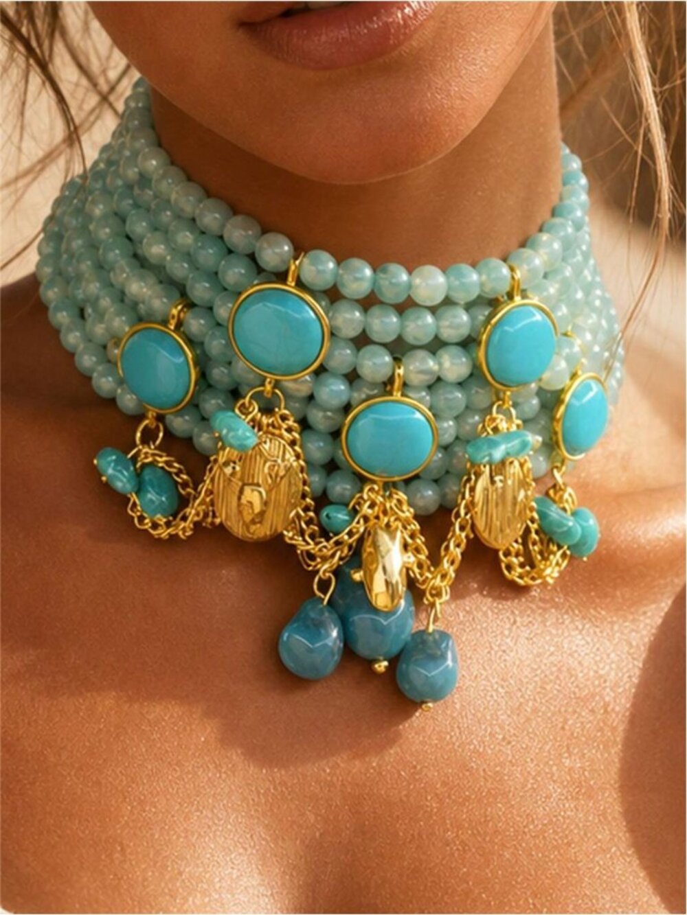 Bohemian Turquoise Beaded Choker Necklace, Vintage Gold Pendant Exaggerated